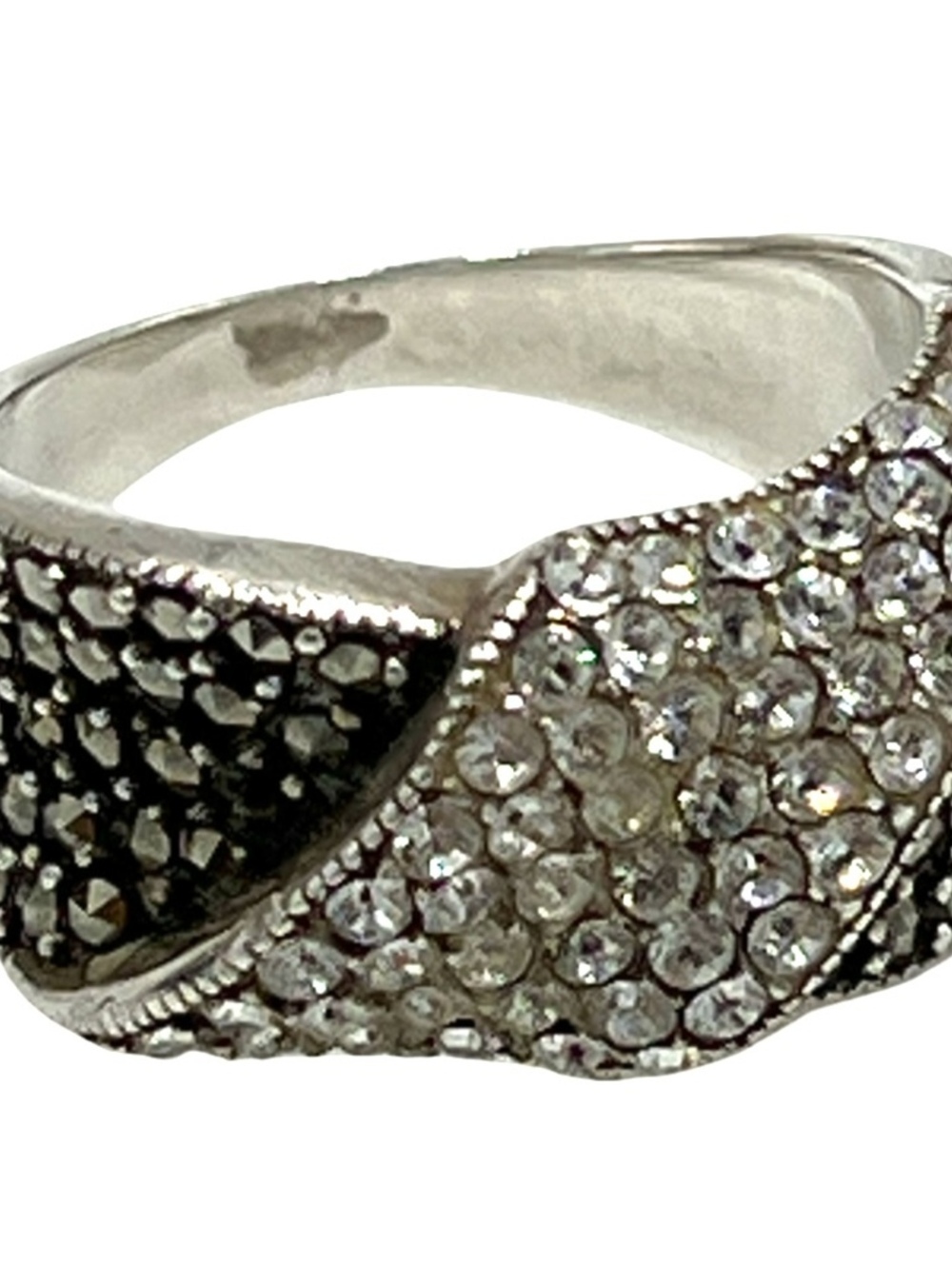 Vintage Cross Over Marcasite & Cubic Zirconia Cocktail Ring